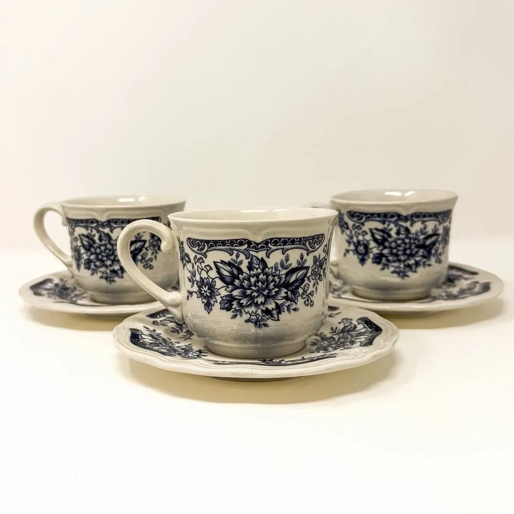 Blue Carnation Ironstone Cups & Saucers Set 3 Japan Blue White Vintage Floral